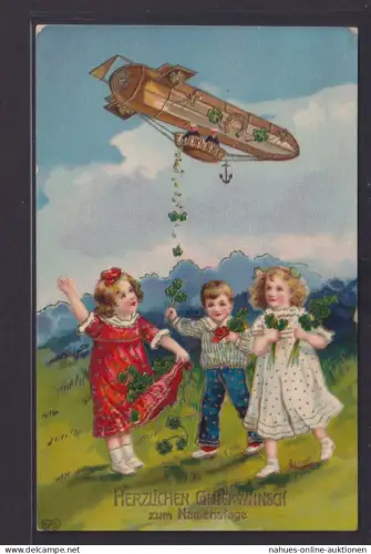 Ansichtskarte Bahnpost Künstlerkarte Kinder Zeppelin Namenstag Goldauflage