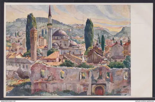 Ansichtskarte Künstlerkarte Sign. Sarajevo Minarett Stadtansicht Bosnien