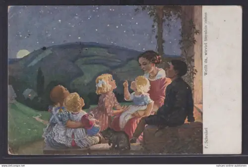 Ansichtskarte Künstlerkarte Sign.F.Schenkel Sternennacht Frau Kinder Landschaft