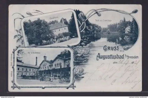Jugendstil Litho Ansichtskarte Augustusbad n. Chemnitz Konditorei Teich
