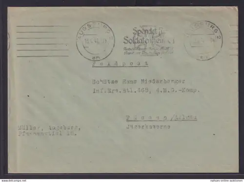 Deutsches Reich Feldpost Brief Maschinenstempel Augsburg Spendet für Soldaten -