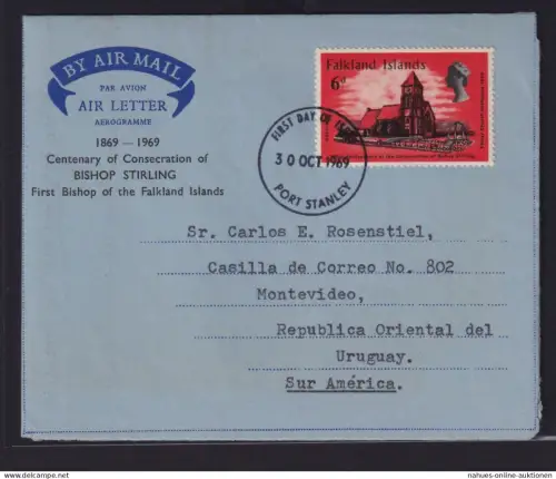 Falklandinseln Malvinen Flugpost EF 6d Aerogramm als FDC Port Stanley Montevideo