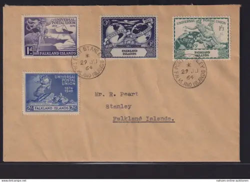 Falklandinseln Brief 98-101 UPU 75 Jahre Weltpostverien ab Port Stanley