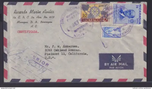Nicaragua Flugpost Brief airmail Manaqua nach Piedmont California USA