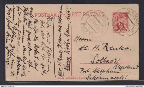 Estland Ganzsache P 2 von Narva nach Sohlbäk Siegerland Post Nephen 20.8.1925
