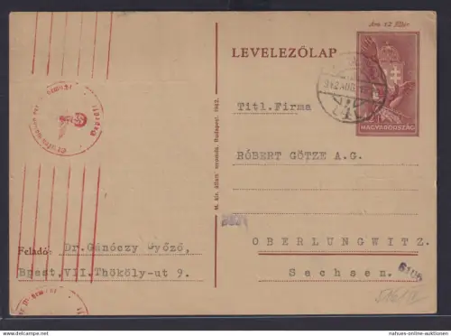 Ungarn Zensur Ganzsache GSK 12 f Sagenvogel Turul Wappen Oberlungwitz Sachsen
