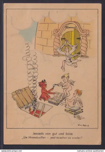 Ansichtskarte Scherzkarte Sign. WillHalleEngel Teufel Petrus Jenseits von Gut