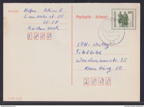 DDR Ganzsache P 108 A Antwort Goethe Schiller Denkmal Reichenbach nach Hamburg