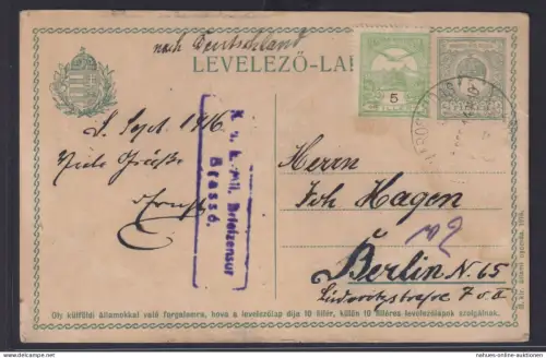 Zensur Ungarn Ganzsache GSK 2 Fi + ZuF Kreuzer nach Berlin viol. R2 K.u.k.