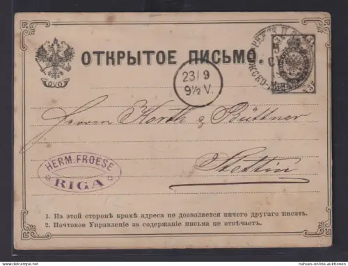 Rußland Ganzsache P 5 ab Riga Lettland nach Stettin 21.9.1881