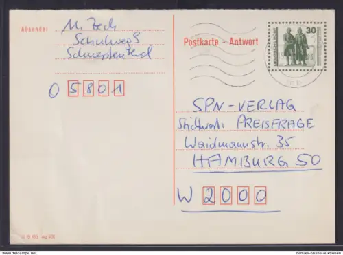 DDR Ganzsache P 108 A Antwort Goethe Schiller Denkmal Eisenach nach Hamburg