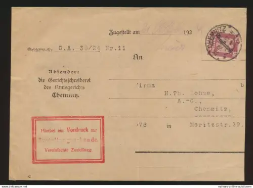 Deutsches Reich Brief EF Dienst D 109 auf Zustellurkunde Chemnitz 21.10.1926