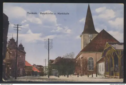 Foto Ansichtskarte Tuckum Tukums Lettland Hauptkirche Markthalle Feldpost nach