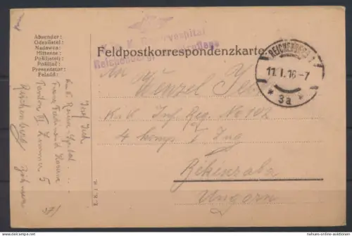 Feldpostkarte KuK Reservespital R 3 Reichenberg Militärpflege Békéscsaba Ungarn