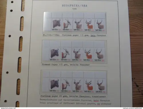 Südafrika 1124-8 Tiere Spezial Lot Versuchsdrucke mit Streifen in selt. Papieren