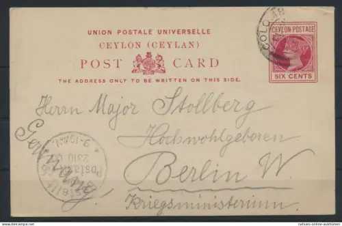 Ceylon Sri Lanka Ganzsache 39 a 6p Queen Victoria nach Berlin Kriegsministerium