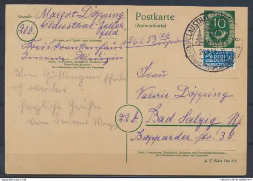 Bund Ganzsache P 14 A I Posthorn Antwort SST Clausthal nach Bad Salzig 24.6.53