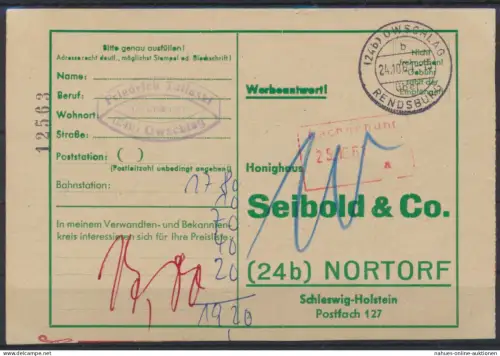 Bund Postkarte Werbeantwort Seibold Honig Landpost Owschlag über Rendsburg