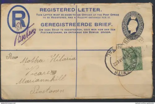 Südafrika Brief Ganzsache 3 b 5 1/2 d King Georg blau ZuF via Ladysmith Pinetown