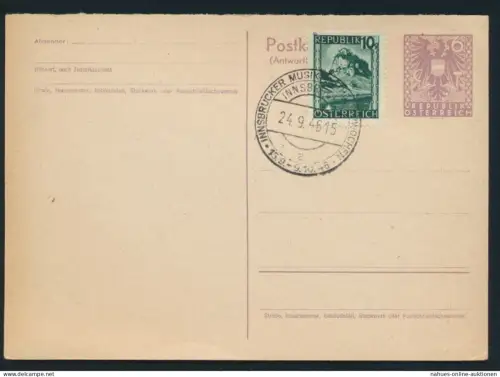 Österreich Ganzsache P 324 A mit SST Innsbruck Musik + Theaterwoche 1946
