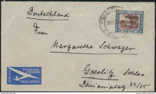 Brief Namibia Luftpost EF 152 Grootfontein nach Görlitz