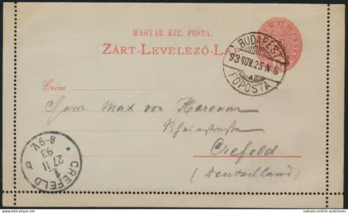 Ungarn Ganzsache Kartenbrief K4II postal stationery Budapest Foposta n. Krefeld