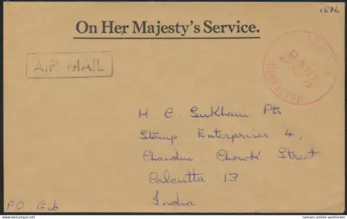 BRITISCHE MILITÄRPOST Gibraltar roter K1 POST OFFICE PAID Luftpost n. Kalkutta