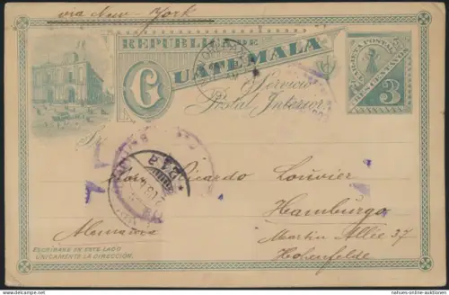 Guatemala Ganzsache 3c green Ansicht via New Orleans Hamburg postal stationery