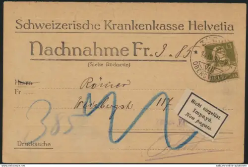 Postsache Schweiz Nachnahmekarte EF 139x Tell Zürich 1920 Zettel nicht eingelöst
