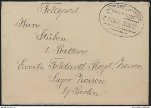 Reich Bahnpost per Feldpost Neumünster Heide Zug 1067 nach Lager Zossen Berlin