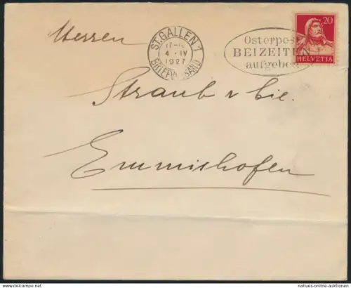 Schweiz Brief EF20cTell Stempel S Gallen Osterpost beizeiten aufgeben Emmishofen