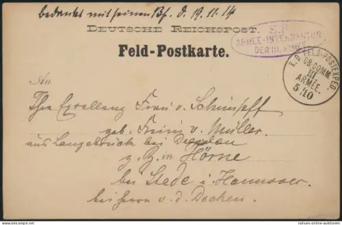 D. Reich Feldpost Bethemville viol Oval-Stempel S.B. Intendantur Hörne bei Stade