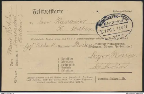 Bahnpost Vordruck Feldpostkarte Neumüneter Heide Zug 1067 19.8.1917 I. Weltkrieg