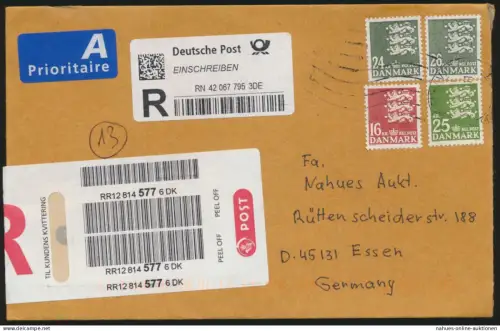 Brief Dänemark Einschreiben MIF 913+942+1491+1619 Kopenhagen nach Essen