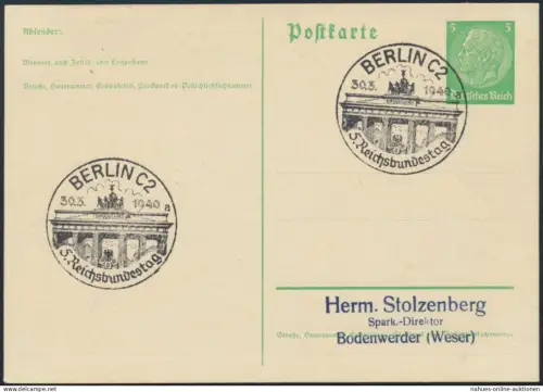 Deutsches Reich Ganzsache mit selt. SST Berlin 5. Reichsbundestag Brandenburger