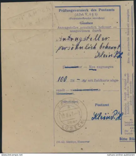 Besetzung Postsache PrüfungsvermerkPostscheckkonto Landpoststempel Zarpen Lübeck