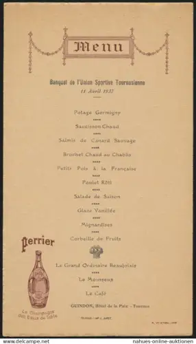 Frankreich Tounus Hotel d la Paix Original Menukarte Reklame Perrier Champagner