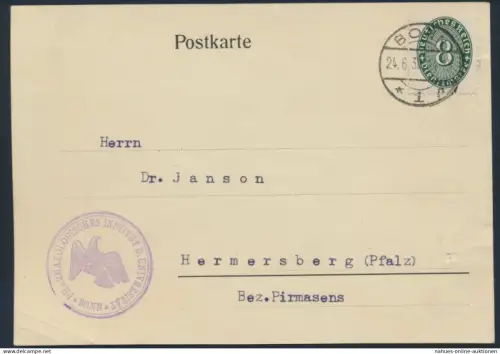 Deutsches Reich Karte Dienst EF 8 b opalgrün Bonn n. Hermersberg Pfalz 24.6.1930