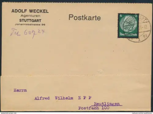 Deutsches Reich Postkarte EF 550 Stuttgart Reutlingen betr. Gramola Gerät Musik