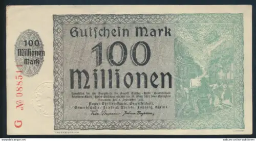 Banknote Notgeld Gutschein 100 Millionen Mark August Thyssen Hütte Hamborn ss
