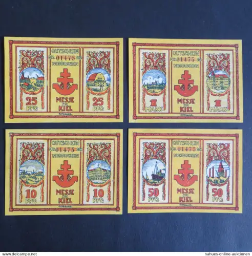 4 Geldscheine Banknoten Notgeld Kiel Nordische M 10 Pf-1 Mark 1921 vzg Gra 698.1