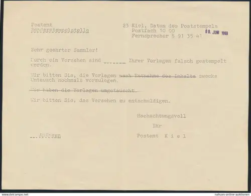 Kiel Post Postsache 2 verschied. Belege 1969 Schleswig Holstein Prüfzettel u.a