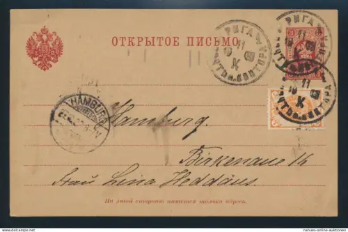 Rußland Ganzsache 3 K rot mit ZuF 1 K orange 1902 nach Hamburg
