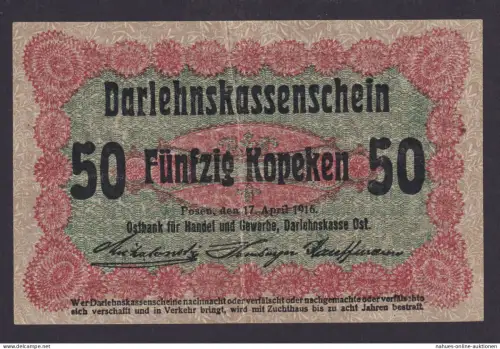 Geldschein Banknote Besatzung I.WK Posen 458 d 50 Kopeken 17.4.1916 - I- II.