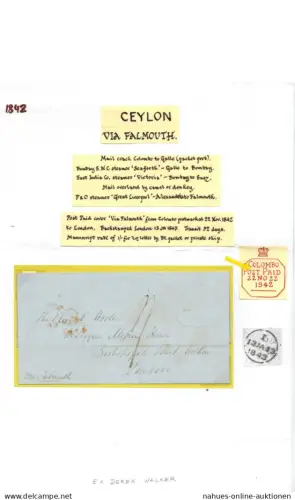 Ceylon ships post Schiffspostbrief Colombo Post Paid 22. No. via Falmouth London