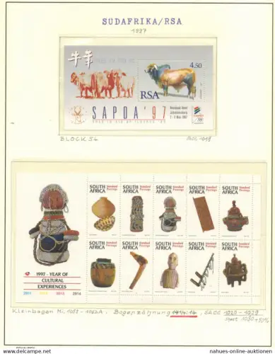Südafrika 1053-1062, Kulturelles Erbe, Spezial-Lot Kleinbogen dazu Block 54.