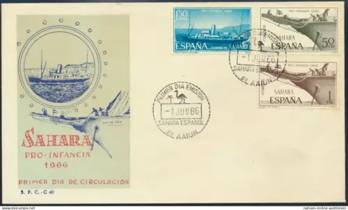 Spanisch-Sahara 280-282 dekorativer FDC Schiffe + Strauss Emu Jugend 1966