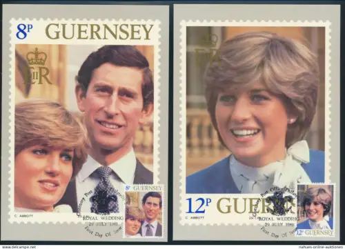 Guernsey 7 Künstlerkarten Hochzeit von Prinz Charles und Diana Ersttagsstempel