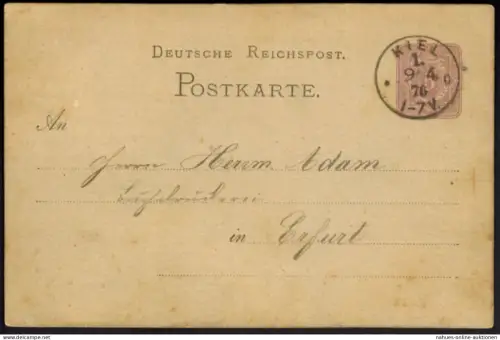 Deutsches Reich Ganzsache P 5 I mit K1 KIEL 1 9.4.1876 nach Erfurt