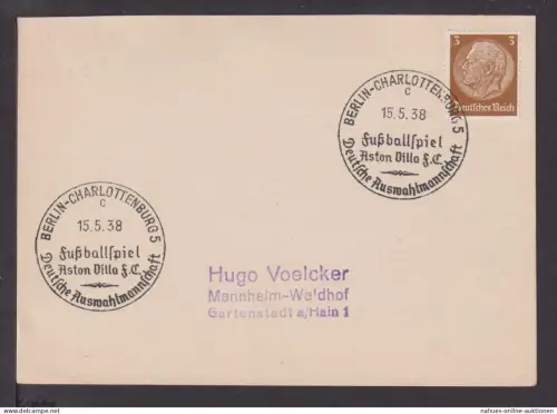 Sport Deutsches Reich Brief selt. SST Berlin Charlottenburg Fußballspiel Aston
